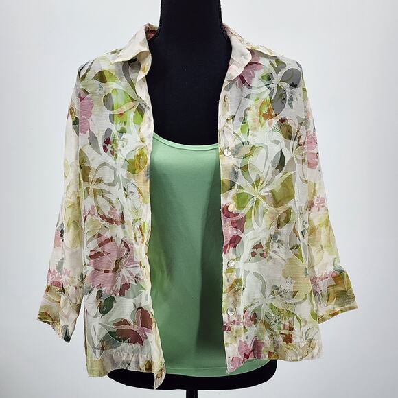 Notations Dual Layer Floral Button Down Sheer Green Tank Blouse Women's Sz S - Picture 1 of 8
